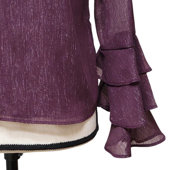 Purple Blouse Womens Sz XS Sparkle Sheer Ruffle‎ Sleeve Keyhole Whimsygoth Party - Picture 4 of 8